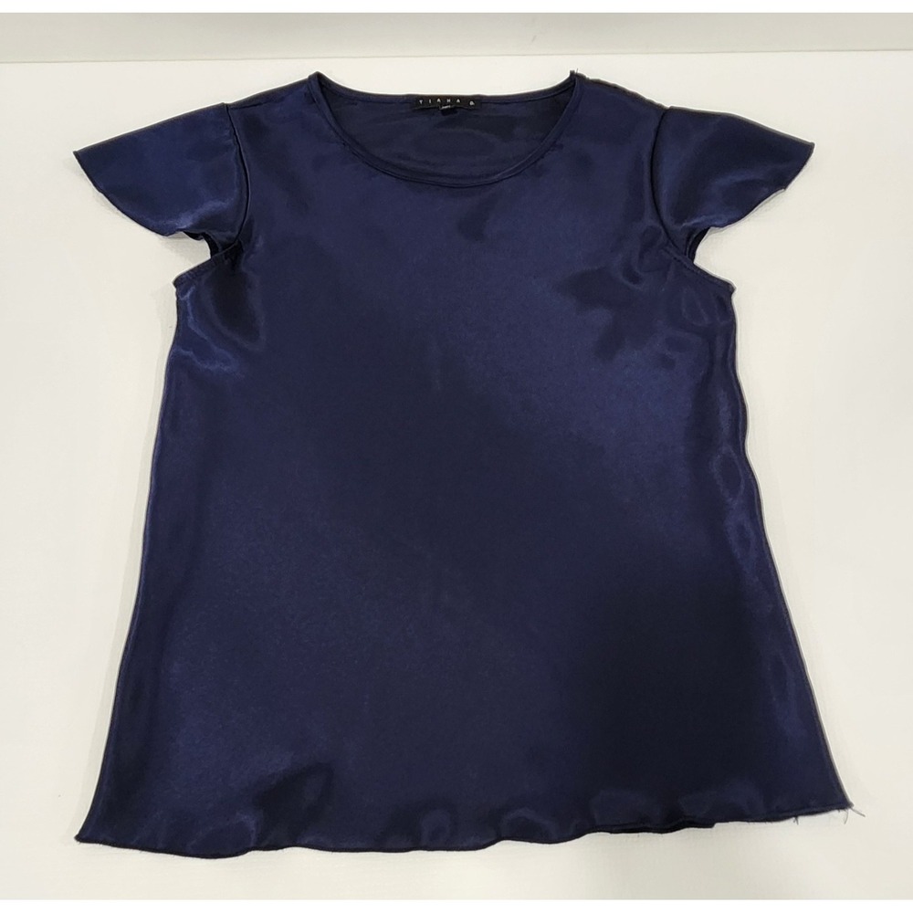 Tiana B Silk Sz Small Blouse Navy Blue Sort Sleeves Pullover Made In U.S.A